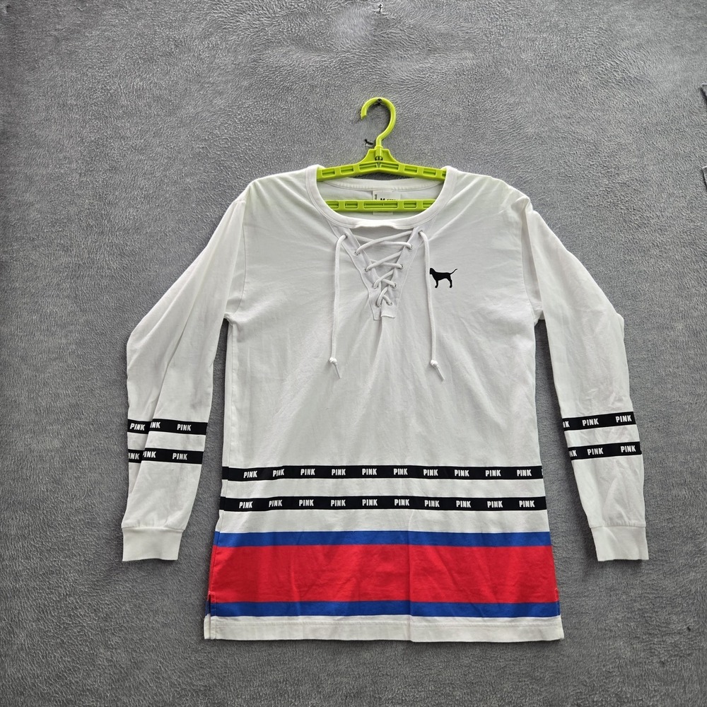 Victoria's Secret PINK Women Shirt S White Colorblock Logo Lace‎ Up V-Neck